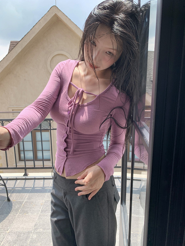[9hour]美式纯欲风别致系带开衫女 2025秋季外搭长袖t恤女c250616|undefined