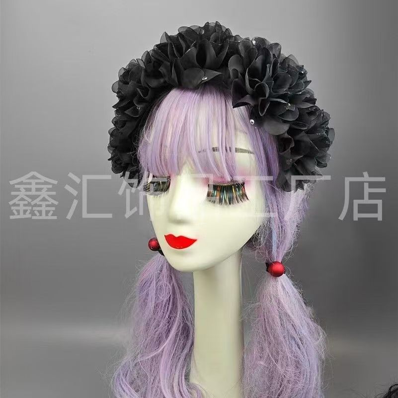 New floral tulle headband to cover white hair, wide headband with shiny rhinestones, simple black headband, hair clip, non-slip, autumn 3D design
