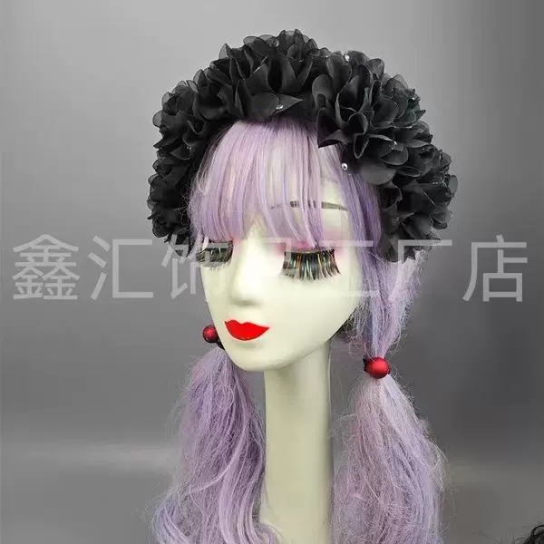 New floral tulle headband to cover white hair, wide headband with shiny rhinestones, simple black headband, hair clip, non-slip, autumn 3D design