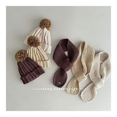 儿童韩版ins简约百搭毛球针织帽婴幼儿纯色毛线帽围脖套装