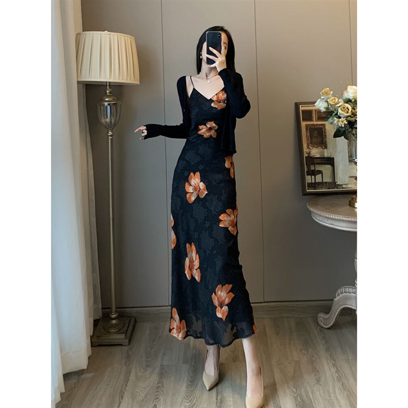 French Chiffon Dress Slim-fit Long Dress Summer Long Slip Dress Elegant Retro Slimming Women's Tight Waist Floral dress