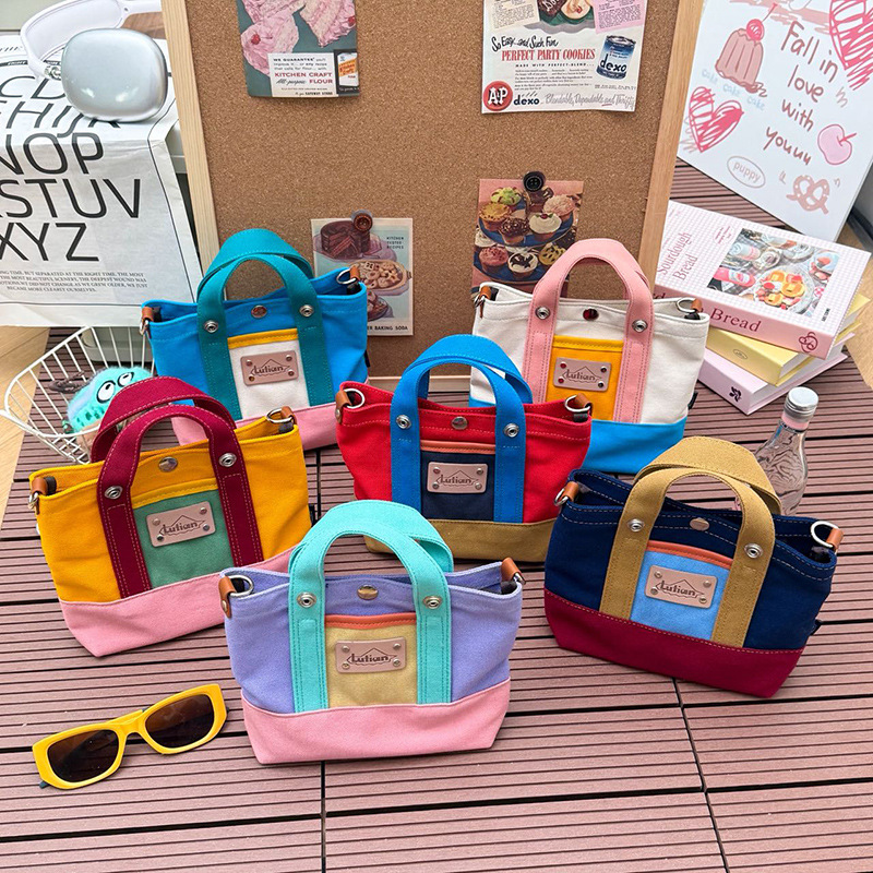Bolsa de lienzo de moda de color contraste para niños jardín de infantes bolsa de balde portátil de letras extranjeras bolsa de mochila para niños