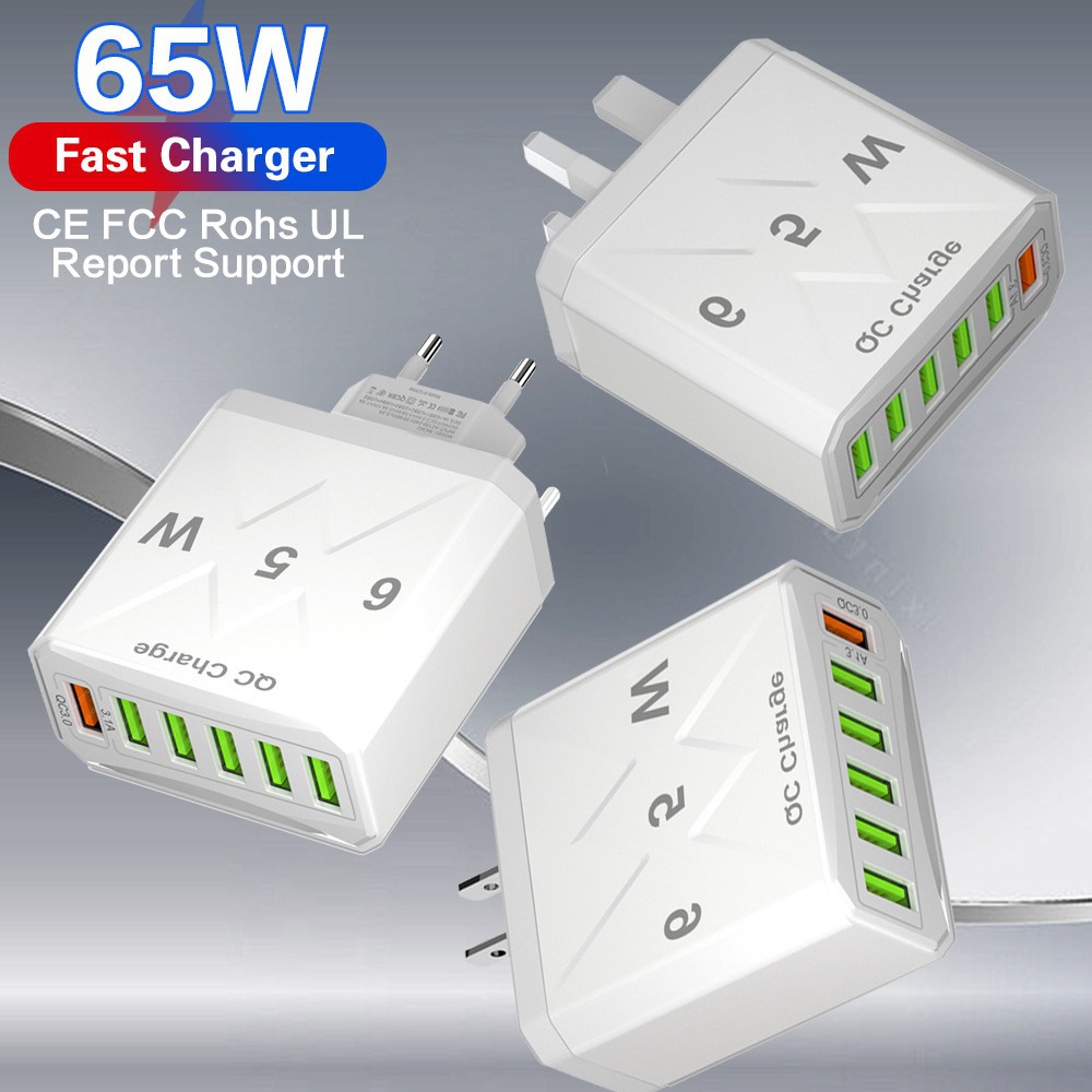 Standard 65W Fast Charging Korean Standard Mobile Phone Charger 6Usb Multi-Port Fast Charging Charging Head Travel Charger Wholesale