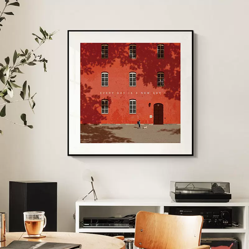 Every day is a new day极简装饰画红色建筑小众艺术客厅卧室挂画