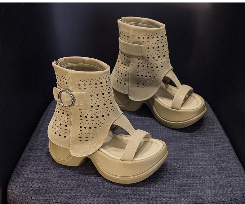 Boot cổ cao nữ đế dày phong cách La Mã hở mũi — Màu caramel 5069-1, Màu đen 5069-1 chi tiết 15