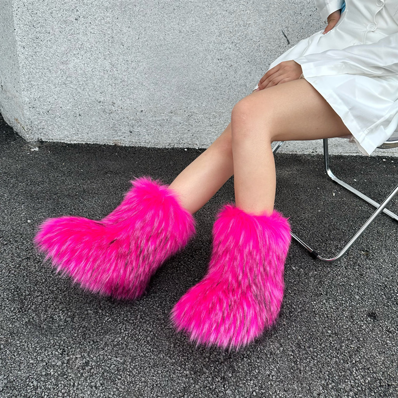 European and American cross-border faux raccoon fur plush snow boots closed toe warm fluffy fur hot girl y2g foreign trade style