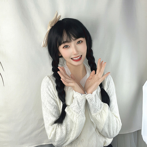 American drama Wednesday anime cos wig The Addams Family whole head double braid braids stage performance props