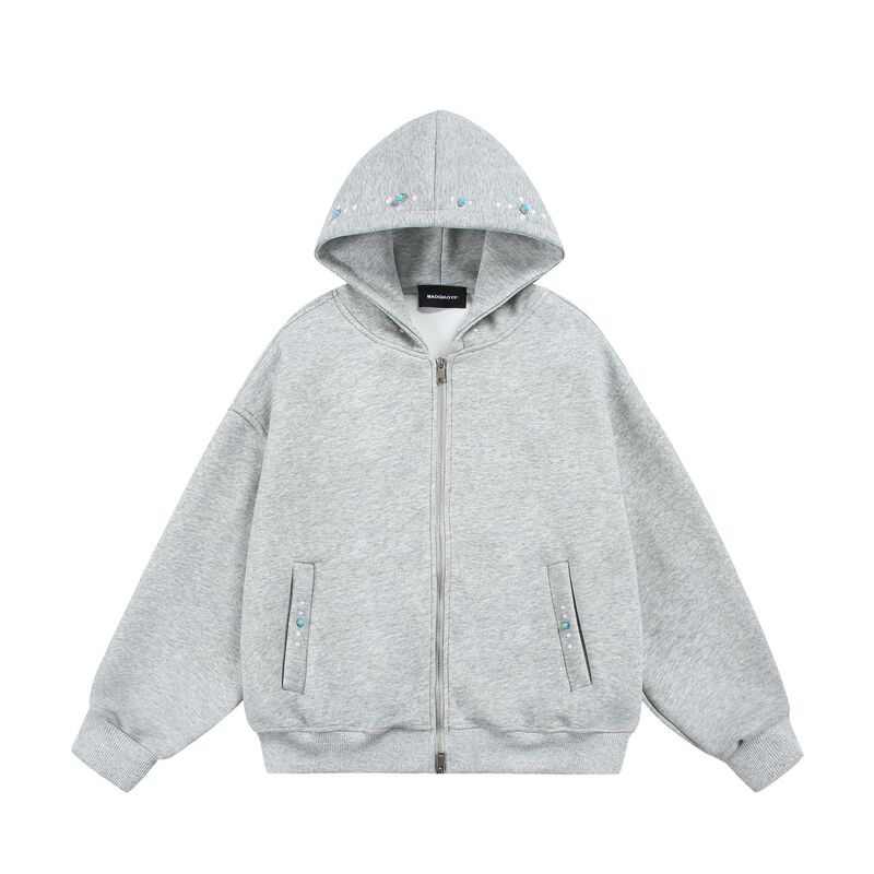 Yidao Vintage 2026 Spring New Retro Turquoise Beaded Hooded Cardigan Sweatshirt Short Casual Jacket for Men