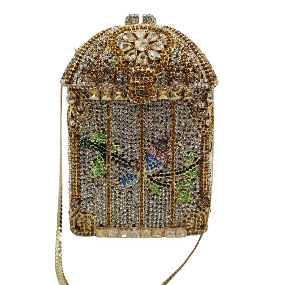 Túi clutch dạ tiệc nữ đính đá lấp lánh hình lồng chim — Màu vàng kim, Màu sâm panh bạc, Màu vàng nhạt, Màu vàng bạc chi tiết 2