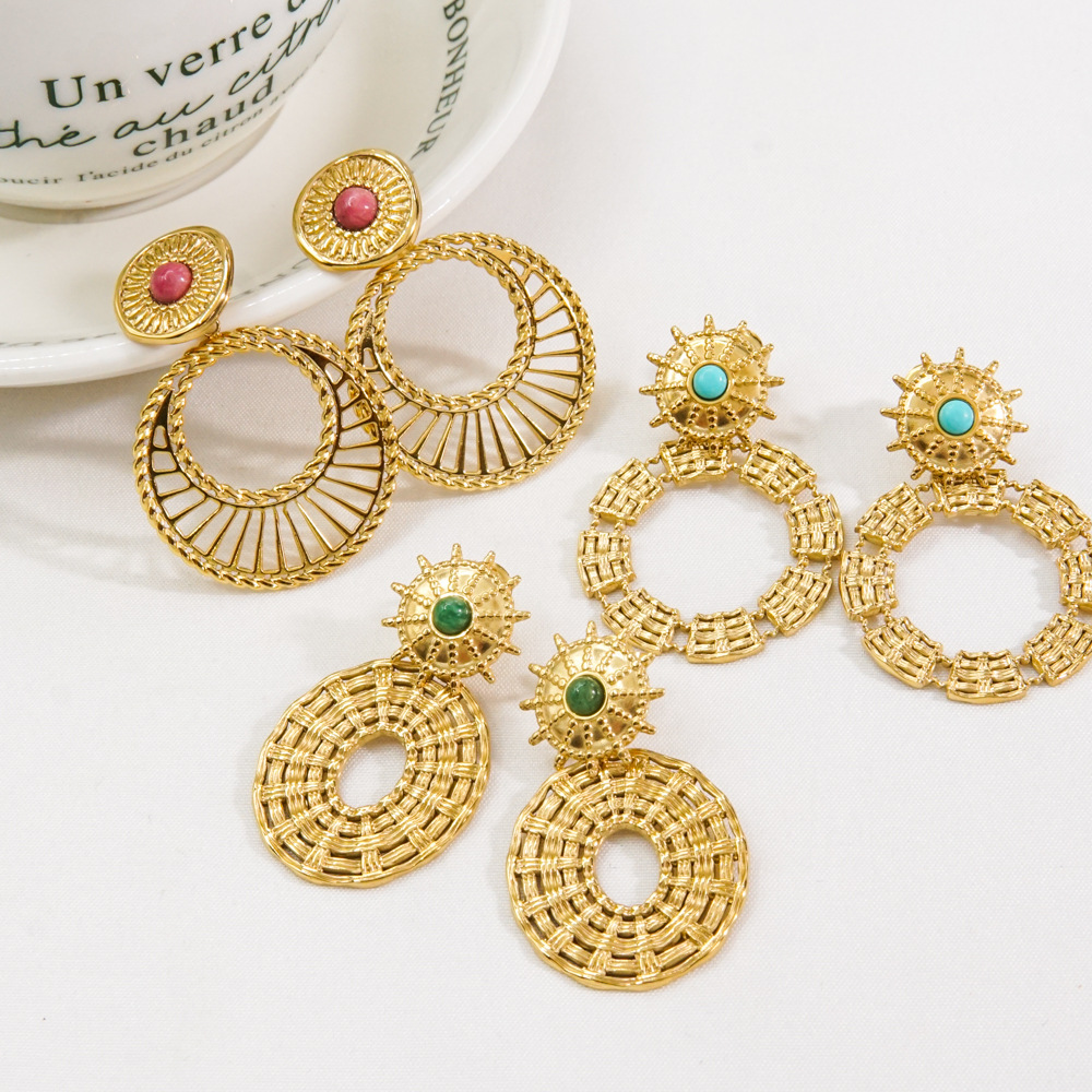 Women's Gender PVD Coated 14K Gold Real Gold Plated Circle 304 Stainless Steel Bohemian Waterproof Non Tarnish Drop Earrings