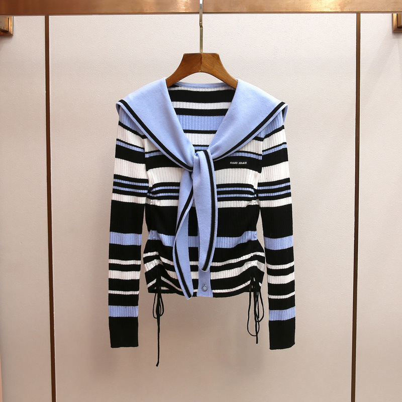 Shenzhen Nanyou High-End Women's Clothing Autumn and Winter New Korean Style Age-Reducing Navy Collar Drawstring Slimming Striped Knit Top