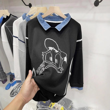 清仓特价地摊摆摊华夫格大码唐老鸭牛仔拼接卫衣女长袖翻领上衣服