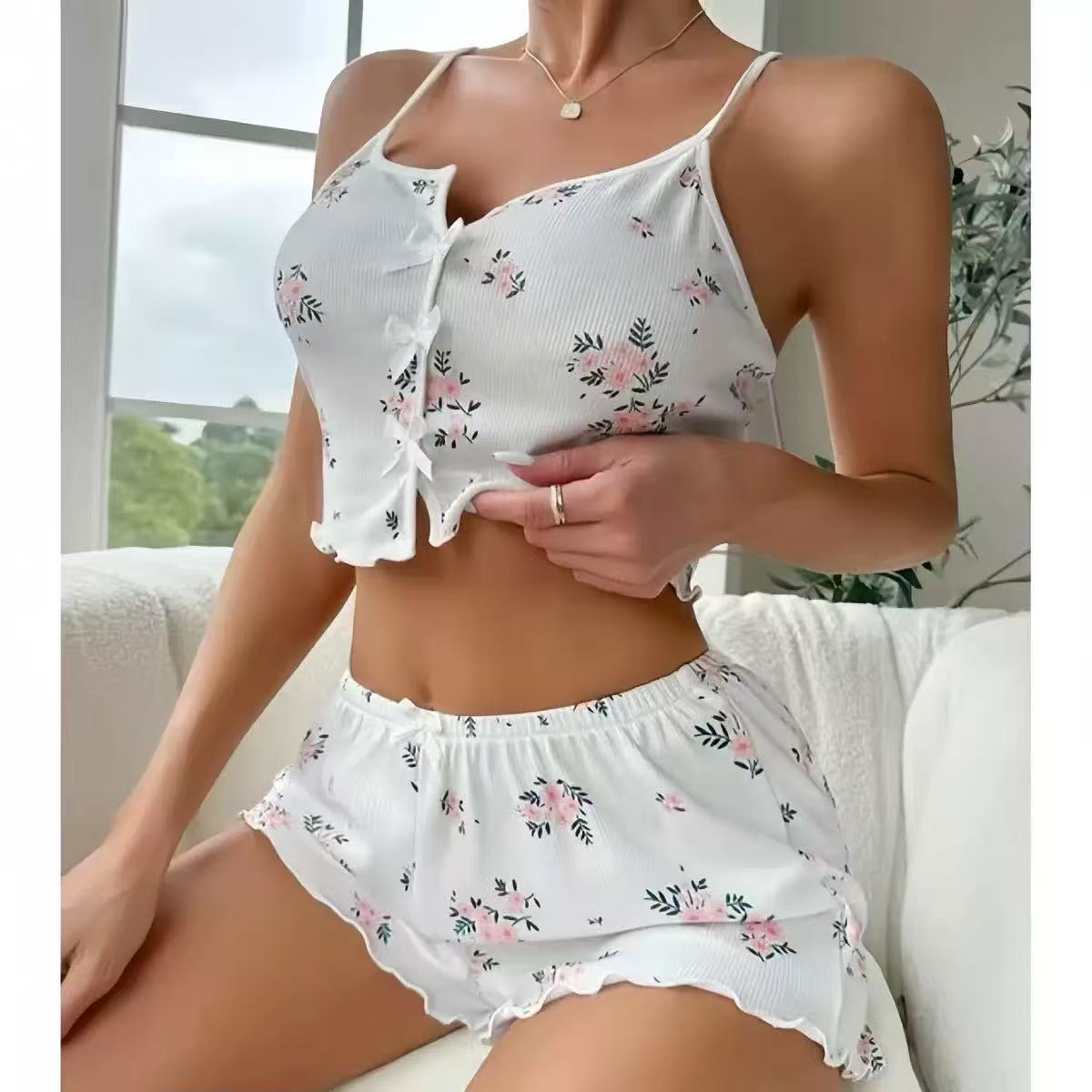 跨境爆款印花蝴蝶结花卉吊带短裤甜美家居服两件套