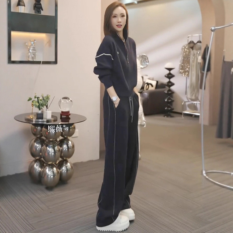 European High-End Casual Sports Suit Sweater Jacket Top Fashionable Age-Reducing Wide-Leg Pants Two-Piece Set