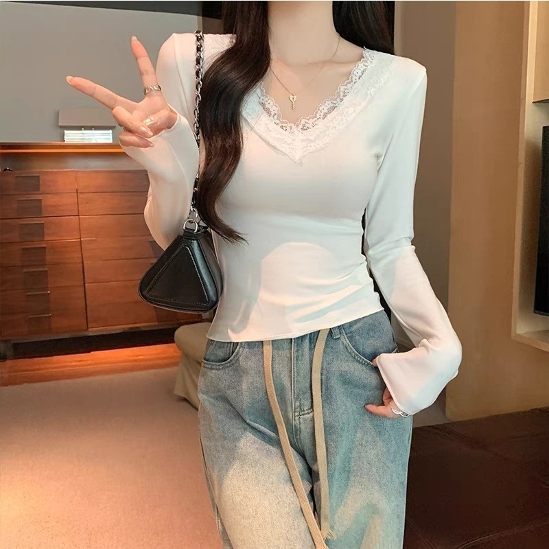 蕾丝打底衫女早秋季2025新款小香内搭长袖恤纯欲领茶艺白色上衣|undefined