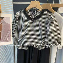 女装韩版时尚百搭显瘦格子圆领泡泡袖荷叶边衬衫