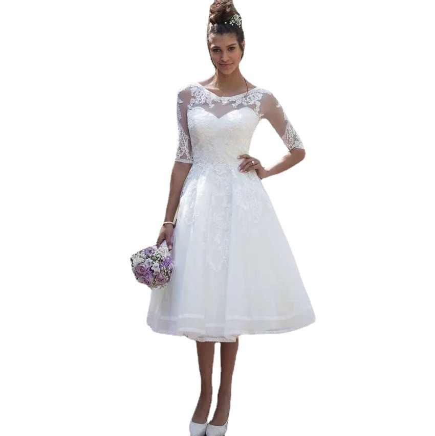 Amazon Comercio exterior nuevo transparente cuchara media manga rodilla-longitud falda de encaje barato apliques boda vestido de novia