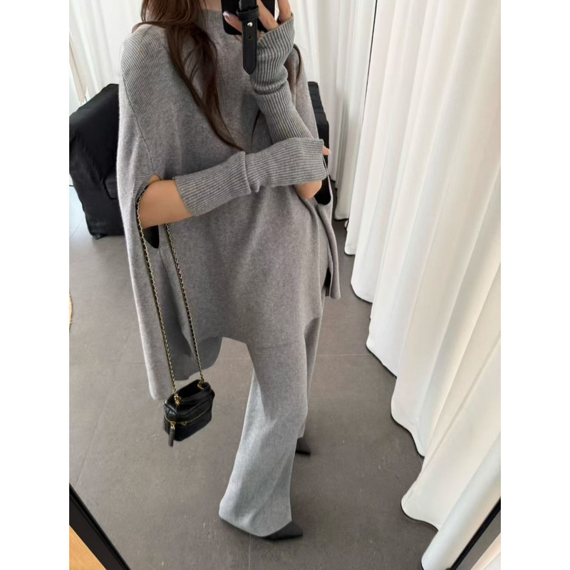 Fashionable High-Neck Knit Suit for Women 2025 Autumn and Winter New Cape Knit Top and Wide-Leg Pants Two-Piece Set Fashionable High-Neck Knit Suit for Women 2025 Autumn and Winter New Cape Knit Top and Wide-Leg Pants Two-Piece Set