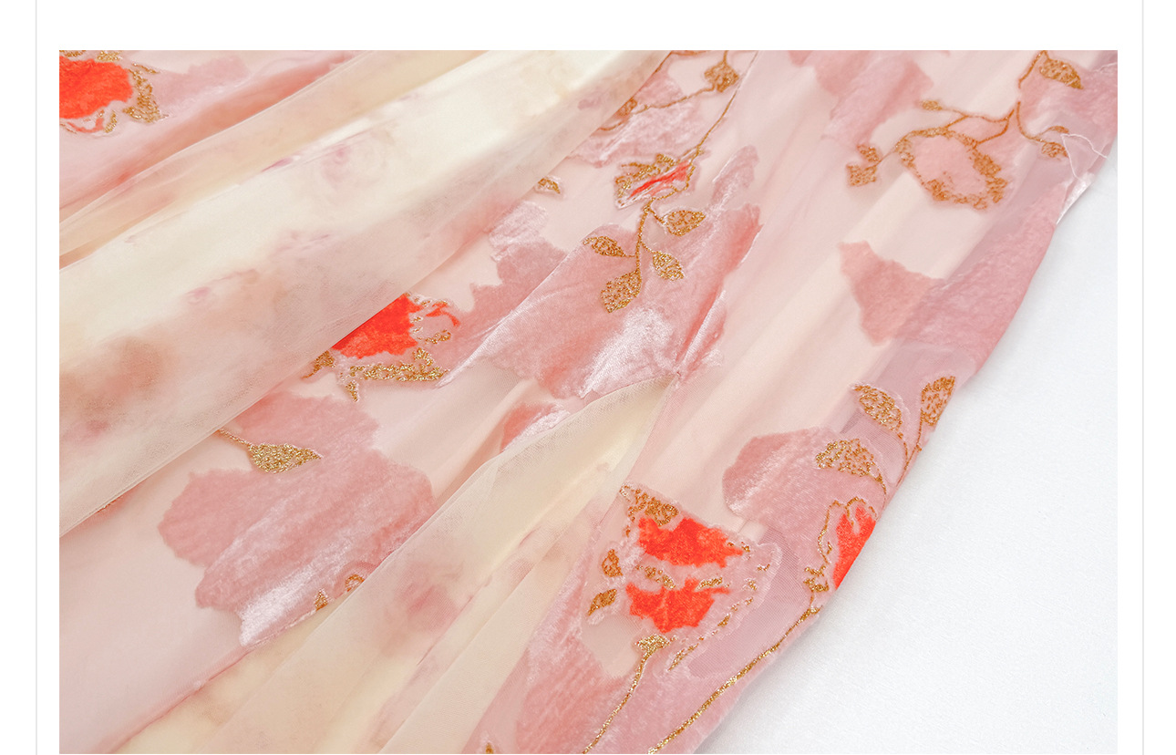 Đầm maxi nữ thắt eo phong cách Trung Hoa họa tiết hoa đốt jacquard mùa xuân 2026 — màu hồng chi tiết 4