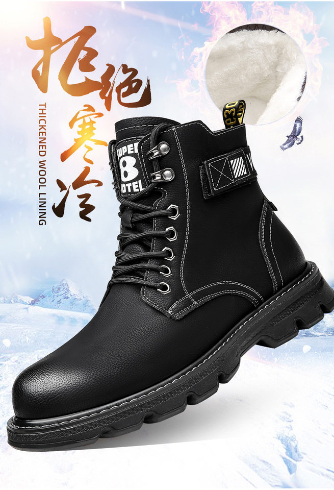 Bốt Martin nam da bò thật cổ cao gót 3–5 cm, lót lông giữ ấm, dây buộc phía trước — Q7879 bốt đơn màu đen, Q7879 lót lông màu đen chi tiết 2