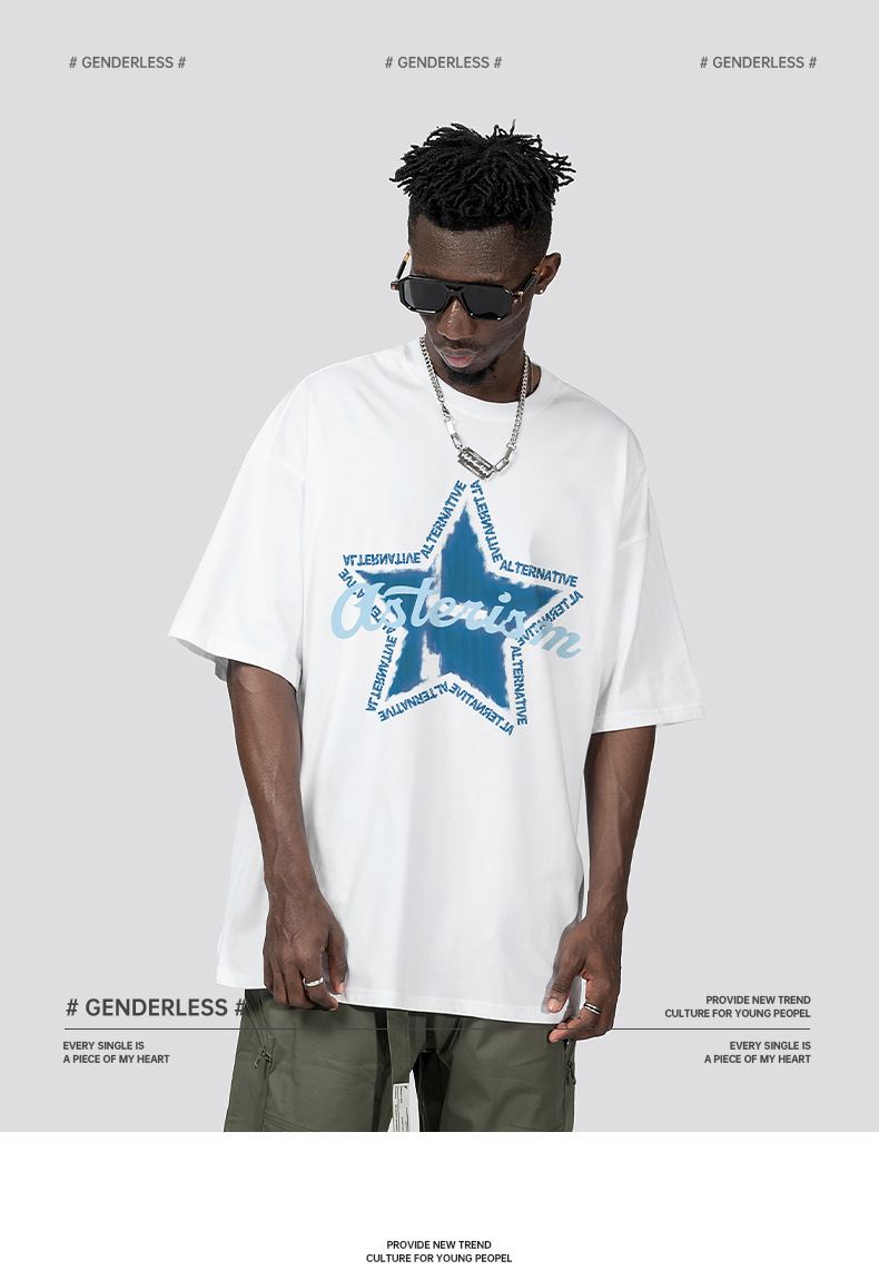 Camiseta masculina de manga curta com estampa de pentagrama China-Chic, tendência de rua, hip-hop, solta, grande, decote pequeno_voghion.com