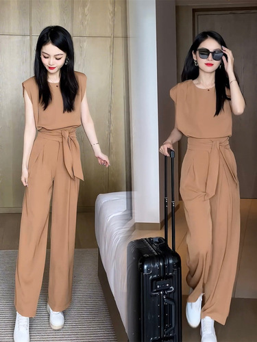 Chic Set for Women 2025 Summer New Trendy Youthful Stylish Loose Hiding Fat Wide Leg Pants Two-Piece Set