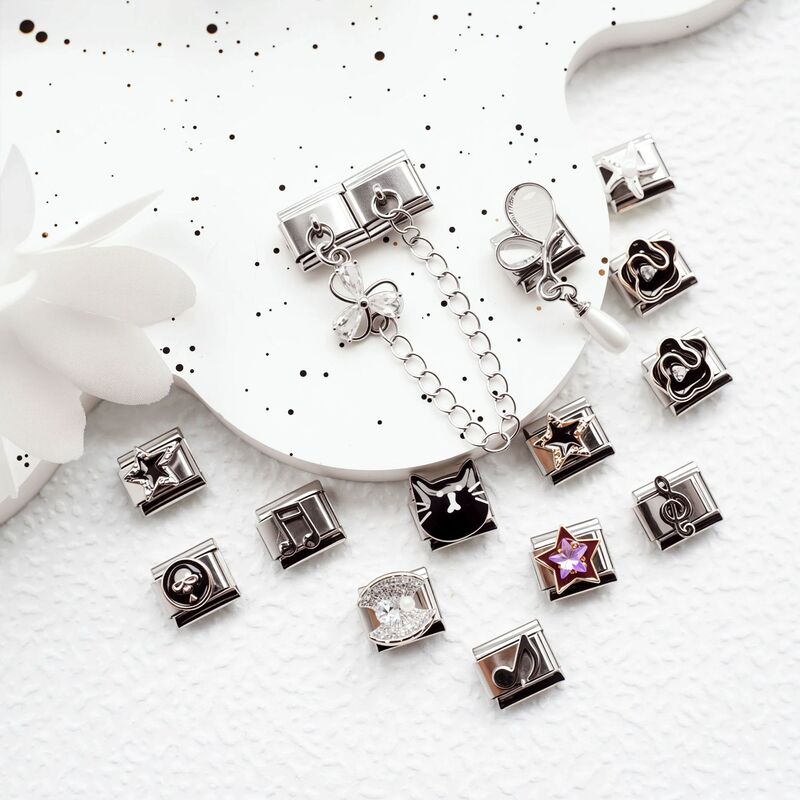 Stainless Steel Italian Modular Bracelet Black Cat Flower Music DIY Elastic Bracelet Italian Charm Stainless Steel Italian Modular Bracelet Black Cat Flower Music DIY Elastic Bracelet Italian Charm
