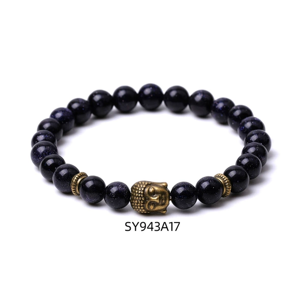 SY943A17 Blue Sandstone+Bronze Bronze Buddha Head 8mm Bracelet