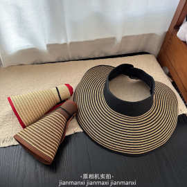 撞边空顶帽女夏可卷遮脸防晒帽沙滩度假防紫外线百搭太阳帽遮阳帽