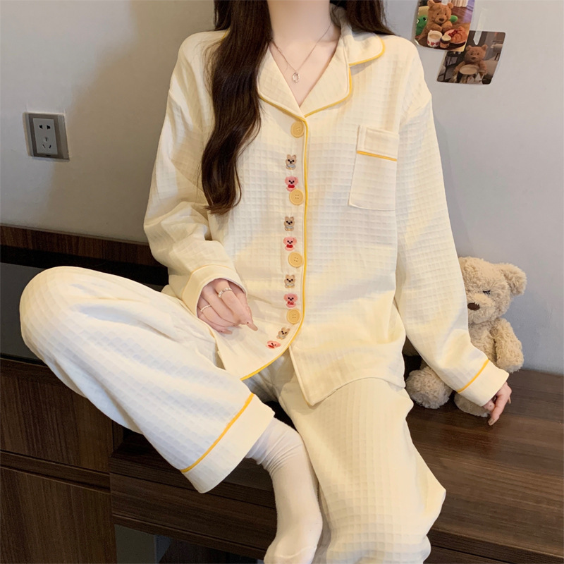 Cartoon Solid Color Ins Style Casual Waffle Plaid Autumn and Winter Warm Pajamas Ladies Sweet Home Clothes Set Wholesale