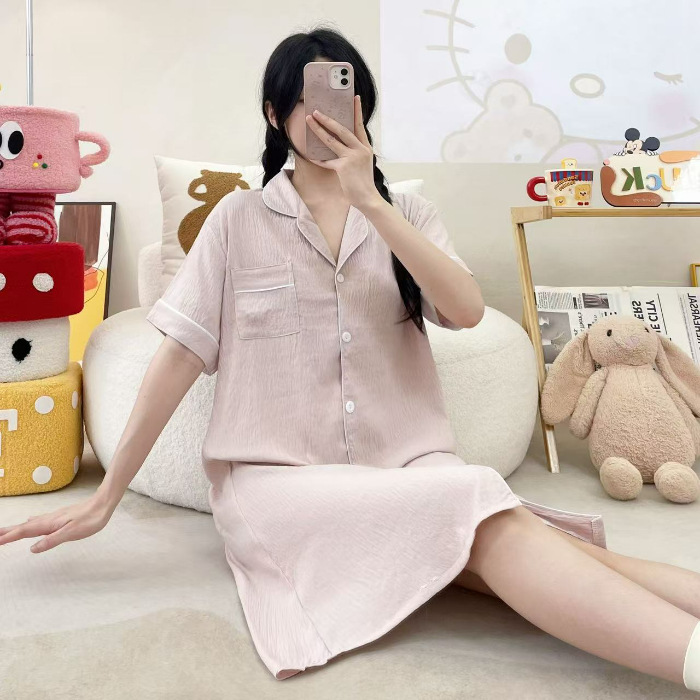 Nube de algodón vestido de pijama de mangas cortas de color sólido simple Cardigan relajado comercio exterior transfronterizo vestido grande se puede usar fuera