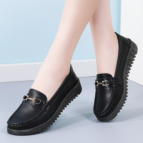 Women's Leather Flat Shoes with Calfskin Insoles, Suitable for Middle-Aged and Elderly Mothers, Slip-On Bean Shoes, Soft and Non-Slip Casual Leather Shoes
