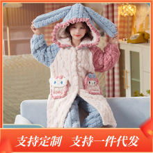 秋冬季儿童女童新款珊瑚绒睡袍加绒加厚保暖可外穿家居服浴袍套装
