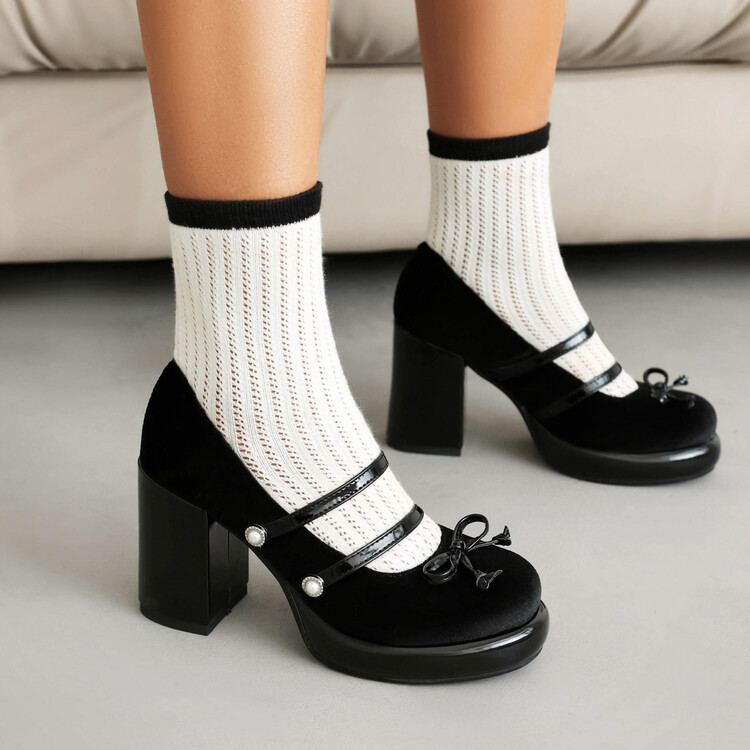 Gold Velvet Pearl Bow Cute Mary Jane Shoes 2025 New Export Style Round Toe Thick Sole Chunky Heel High Heel Women's Shoes