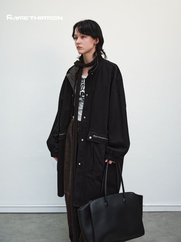 十三行R13新品撞色拼接皮领长款工装风衣外套广州女装25AW|undefined