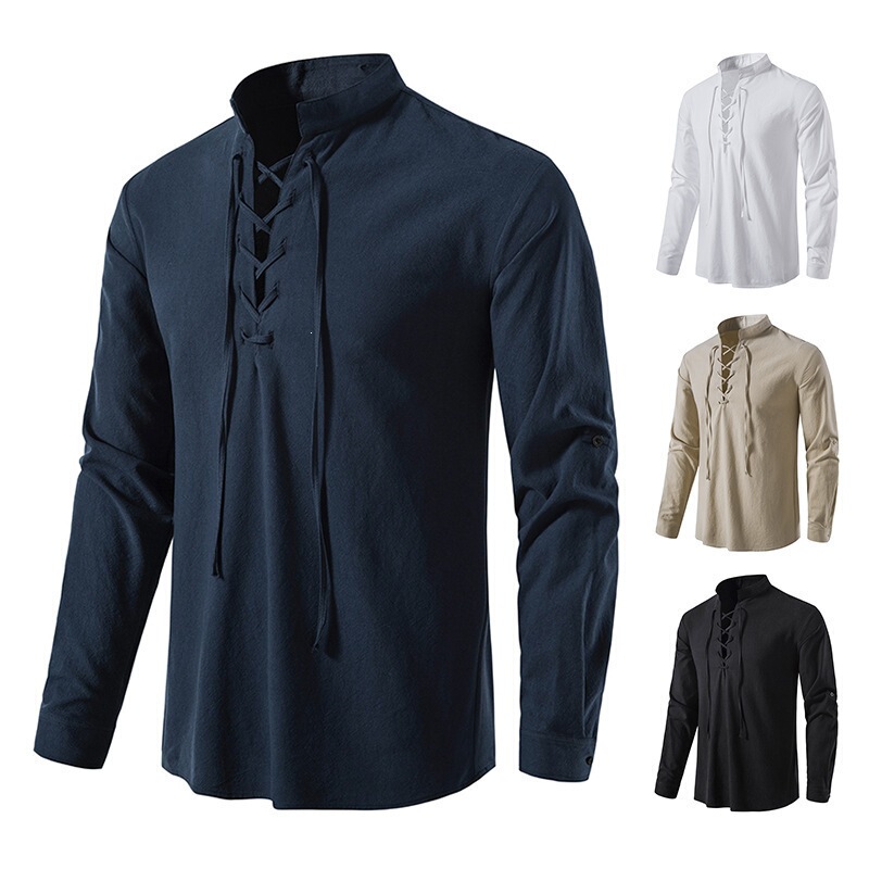 2025 New Foreign Trade Model Amazon Men's Cotton Henley Shirt Hippie Casual Beach Stand-Up Collar Long-Sleeved Shirt A275
