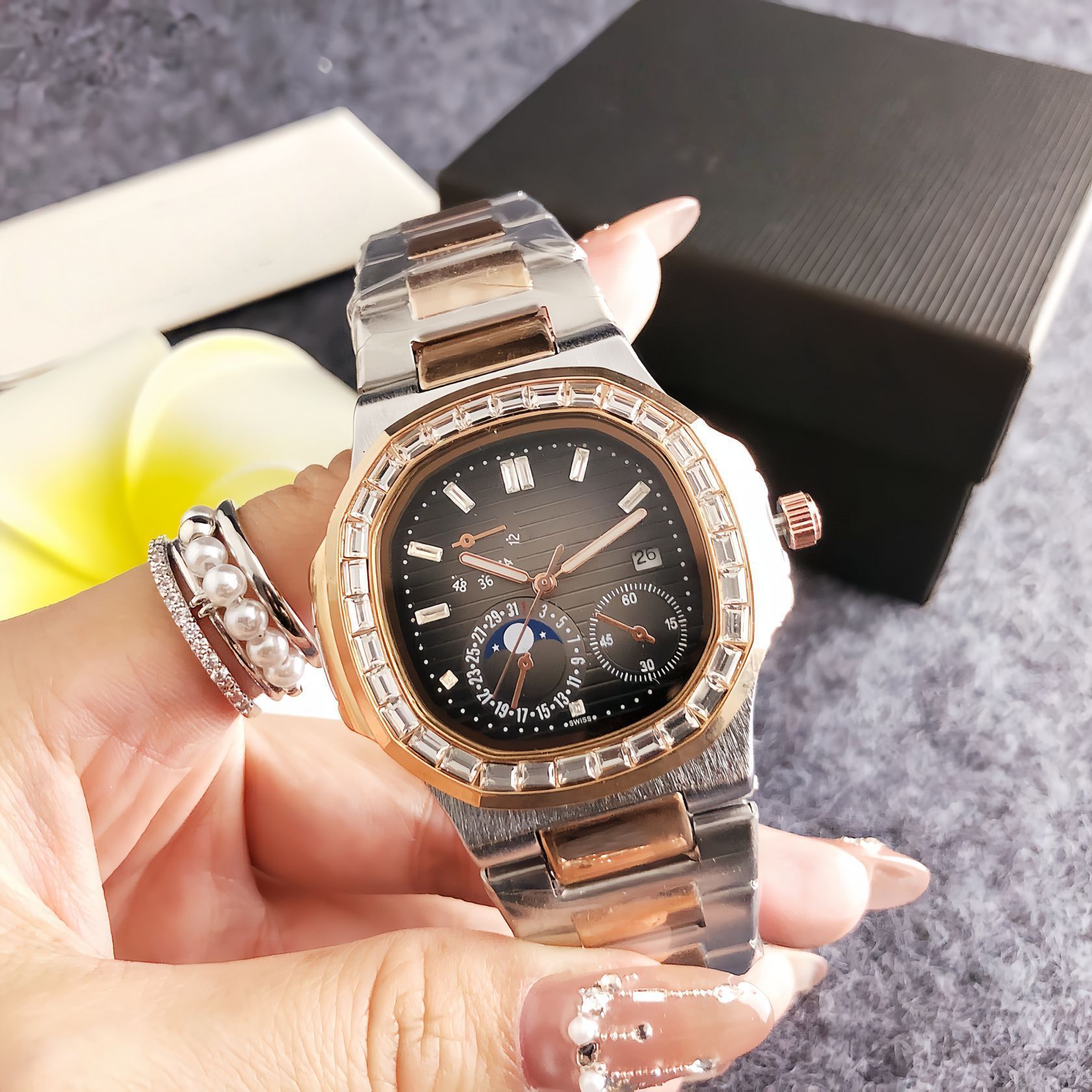 New Men's Sports Watch Three-Eye Chronograph Waterproof Steel Band Quartz Watch Sun Moon Star Multi-Function Men's Watch