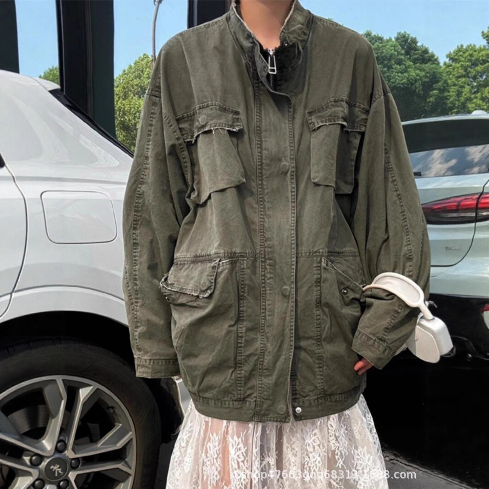 Japanese-style relaxed retro distressed denim jacket with large pockets, women's spring and autumn loose oversized workwear jacket top
