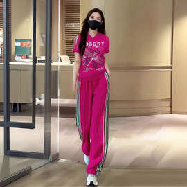 女士休闲服运动套装女2025春夏季新款粉色连帽宽松短袖T恤两件套