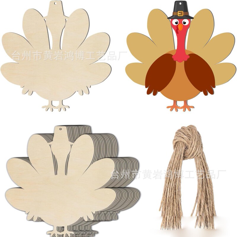 Top Hat Turkey Wooden Hemp Rope Art Decoration Suitable for Autum Door Hanging Thanksgiving Christmas Decoration