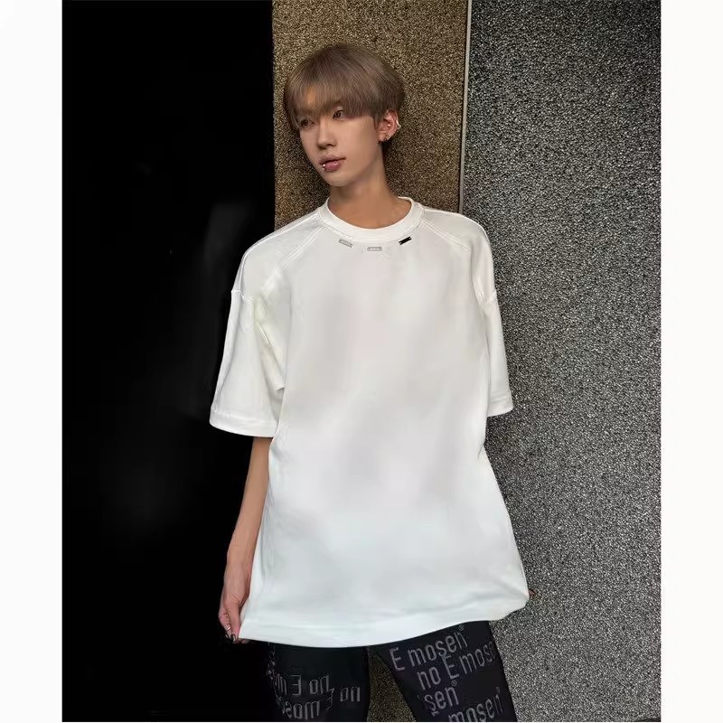 260g Heavy American Small Neckline T-Shirt Men's Metal Buckle Deconstructed Fashion Brand Short Sleeve Niche Design Advanced Half Sleeve