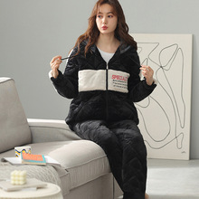 珊瑚绒睡衣女士冬加厚加绒夹棉法兰绒开衫连帽保暖女士棉袄家居服