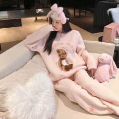 冬季睡衣甜美慵懒风卡通小熊睡衣女新款加厚加绒居家半边绒套装