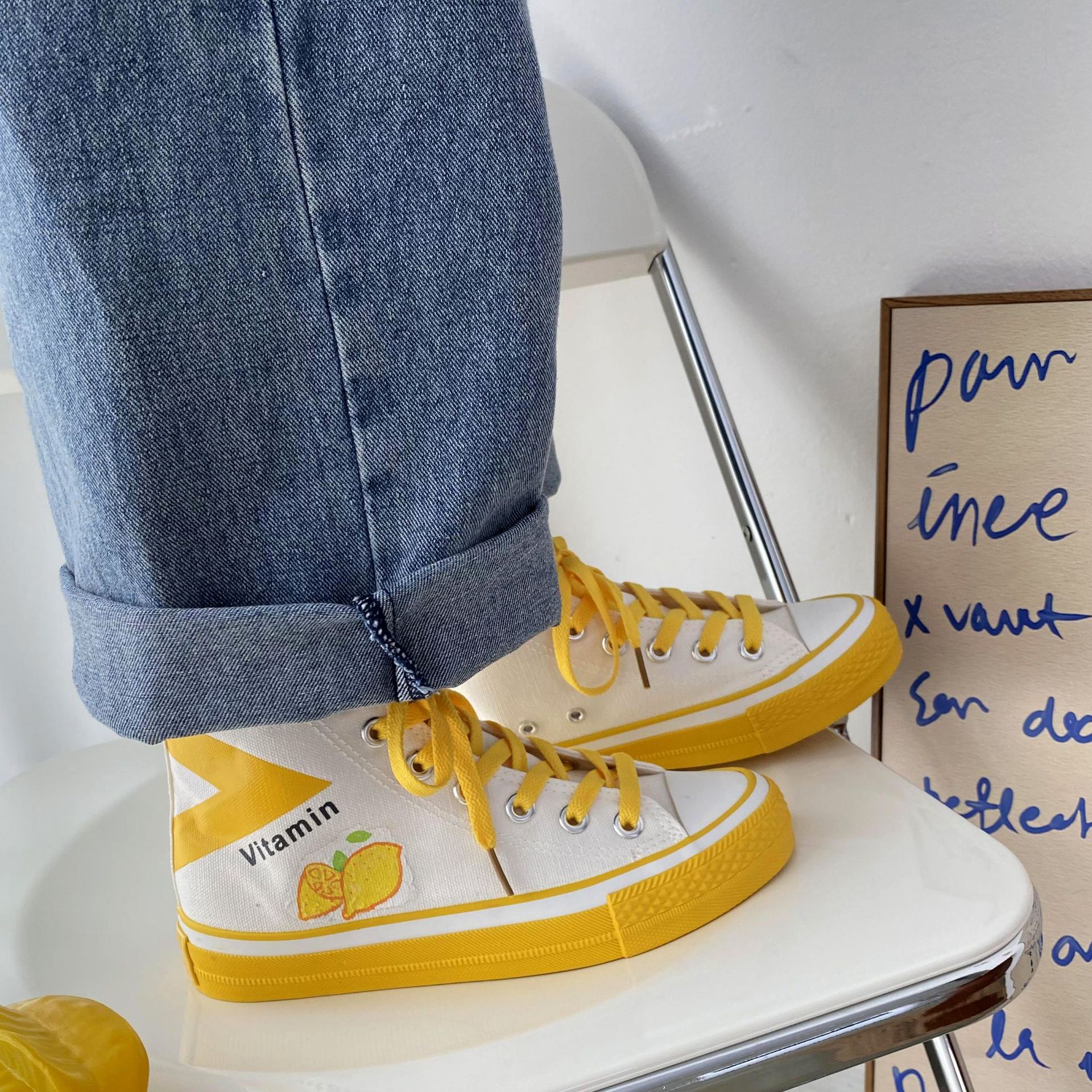 DIY手绘柠檬维他命女式帆布鞋帆布鞋成年现货X-306改帆布橡胶否7