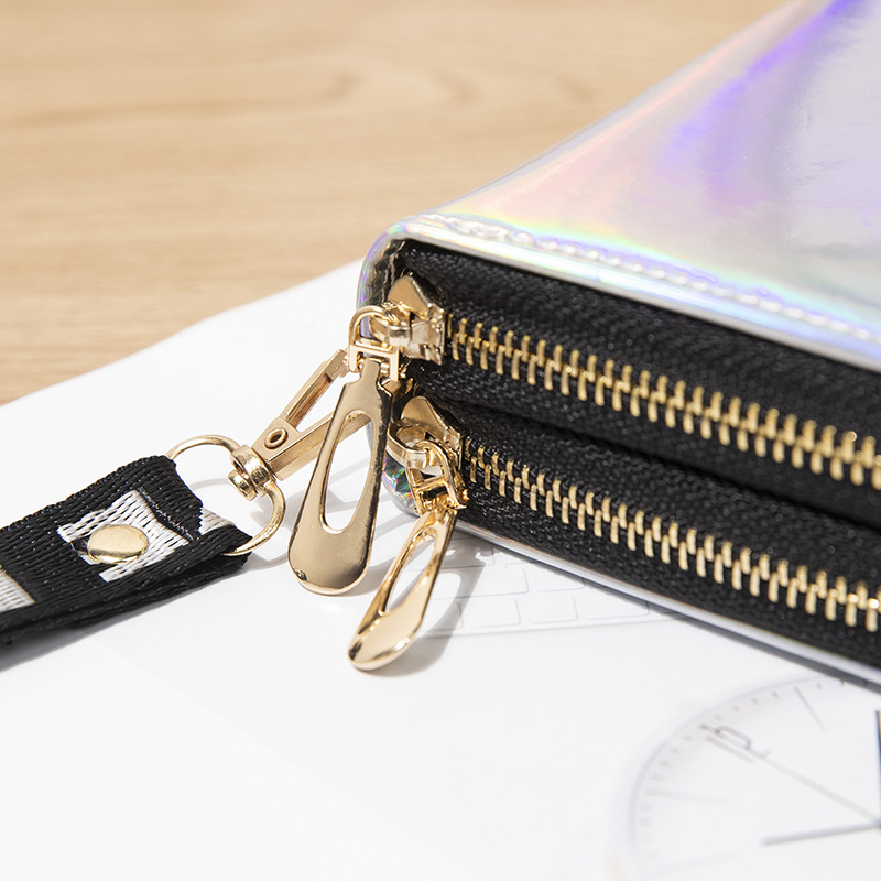 Cartera larga de mujer estilo coreano holográfica láser doble cremallera gran capacidad