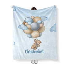 跨境法兰绒毛毯蓝色卡通小熊气球图案毛毯数码印花毯源头厂家批发