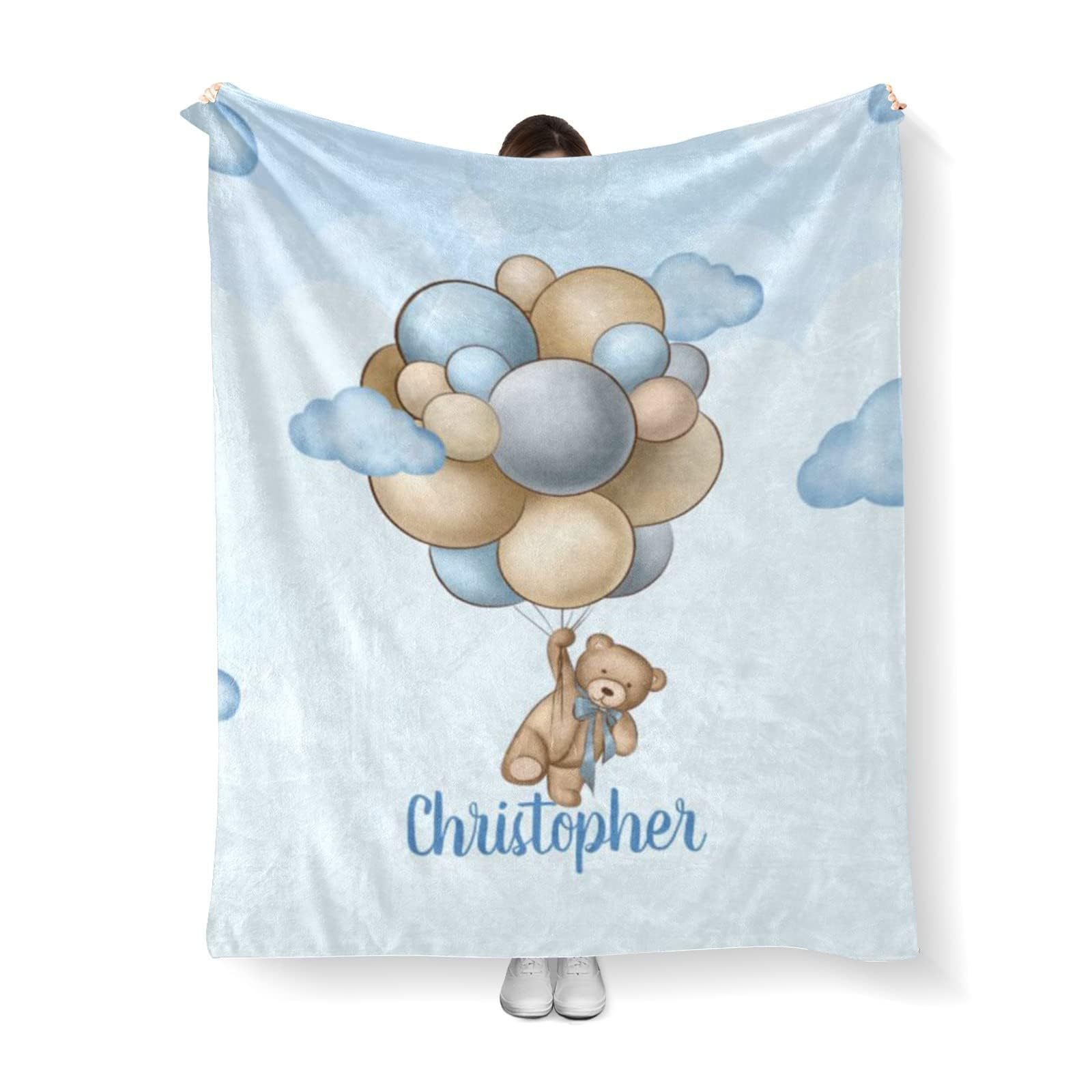 跨境法兰绒毛毯蓝色卡通小熊气球图案毛毯数码印花毯源头厂家批发