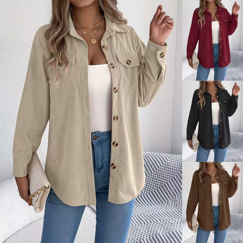 2025 Cross-Border Export Women's Casual Women's European and American Corduroy Stripesd Mid-Length Jacket Shirt European and American Style