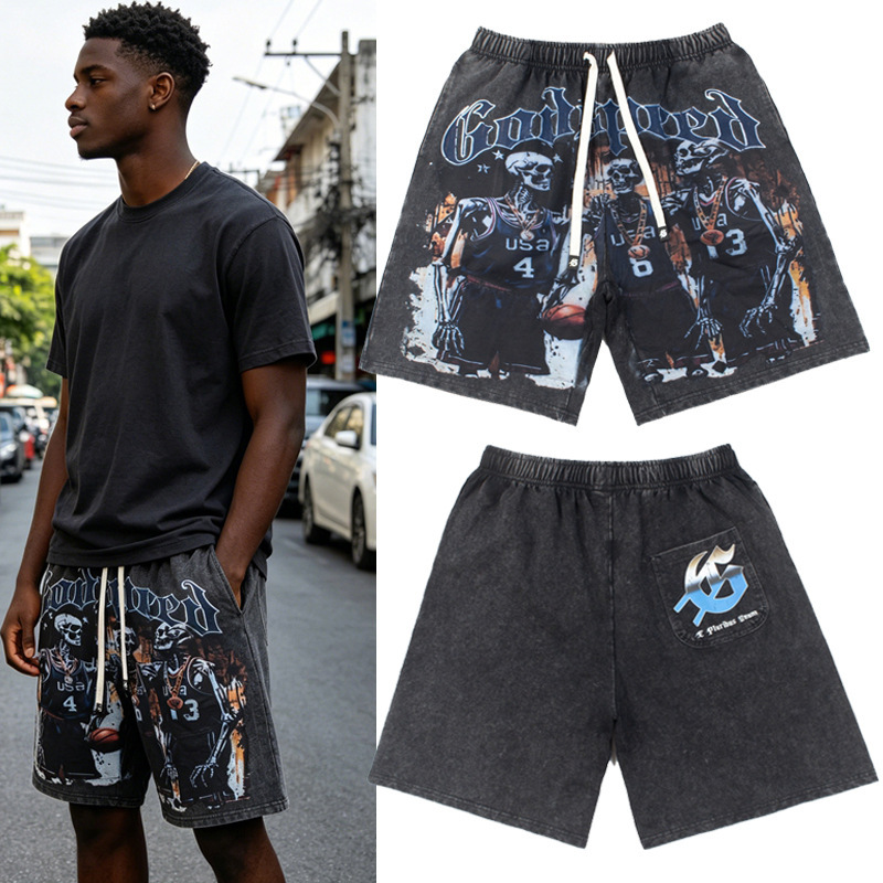Godspeed Spoof Basketball Team Skull Print Washed Vintage Casual Shorts Hawaiian Beach Shorts Trendy