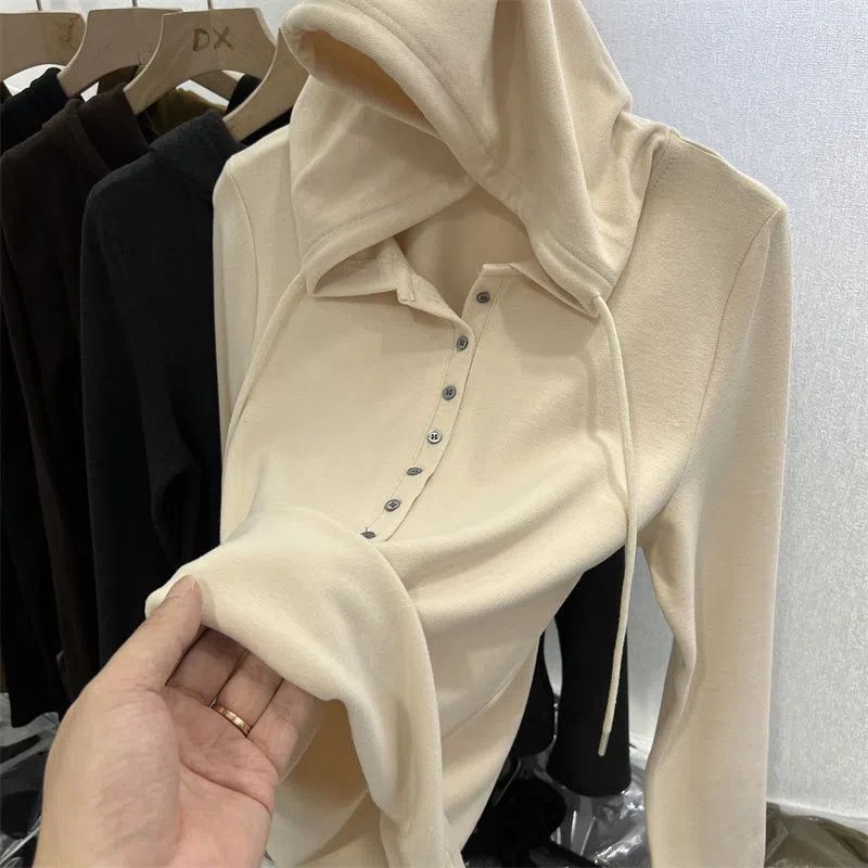 Super soft waxy double-sided velvet hooded long sleeve fleece-lined warm bottoming shirt autumn and winter new western style small shirt all-match top